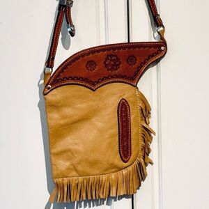 Rocking Bar L Texas Leather Works Brown & Tan Leather Fringe Shoulder Bag